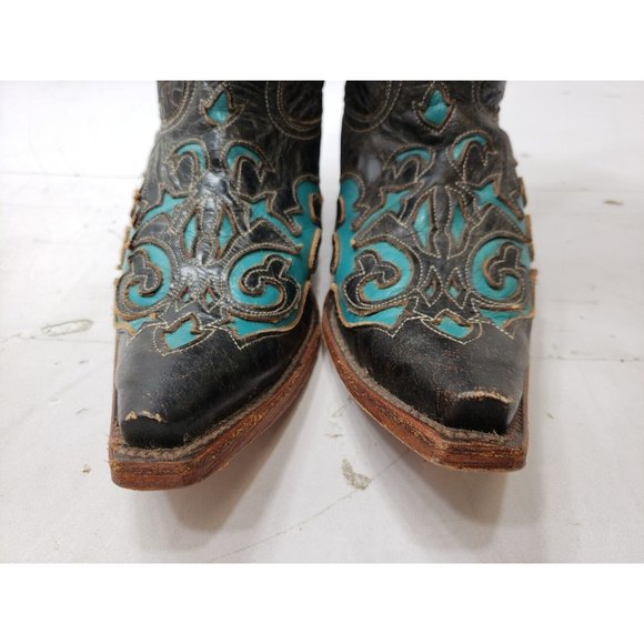 Pecos Bill Womens Boots Cowgirl Snip Toe Leather Brown Turquoise Inlay 7.5 B - Picture 4 of 10